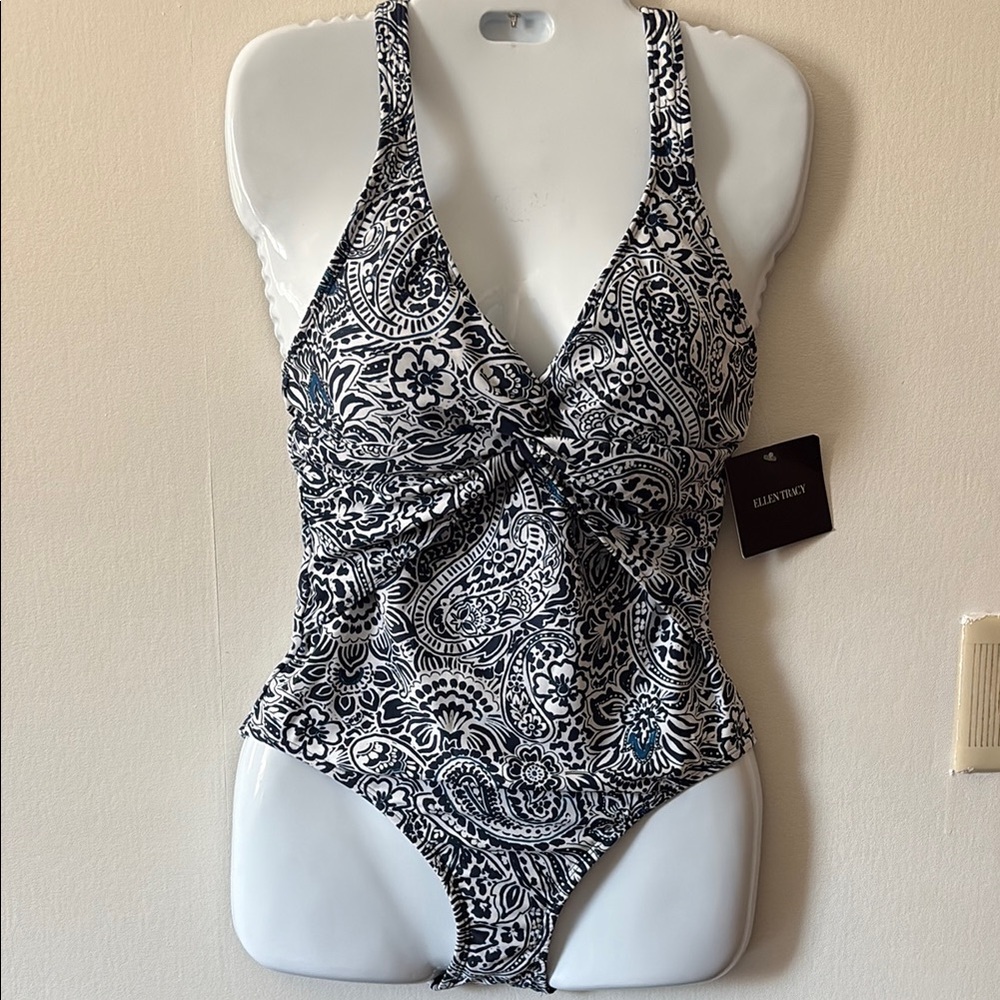 Elie Tahari Black and White One Piece Swimsuit with Plunging V-Neck